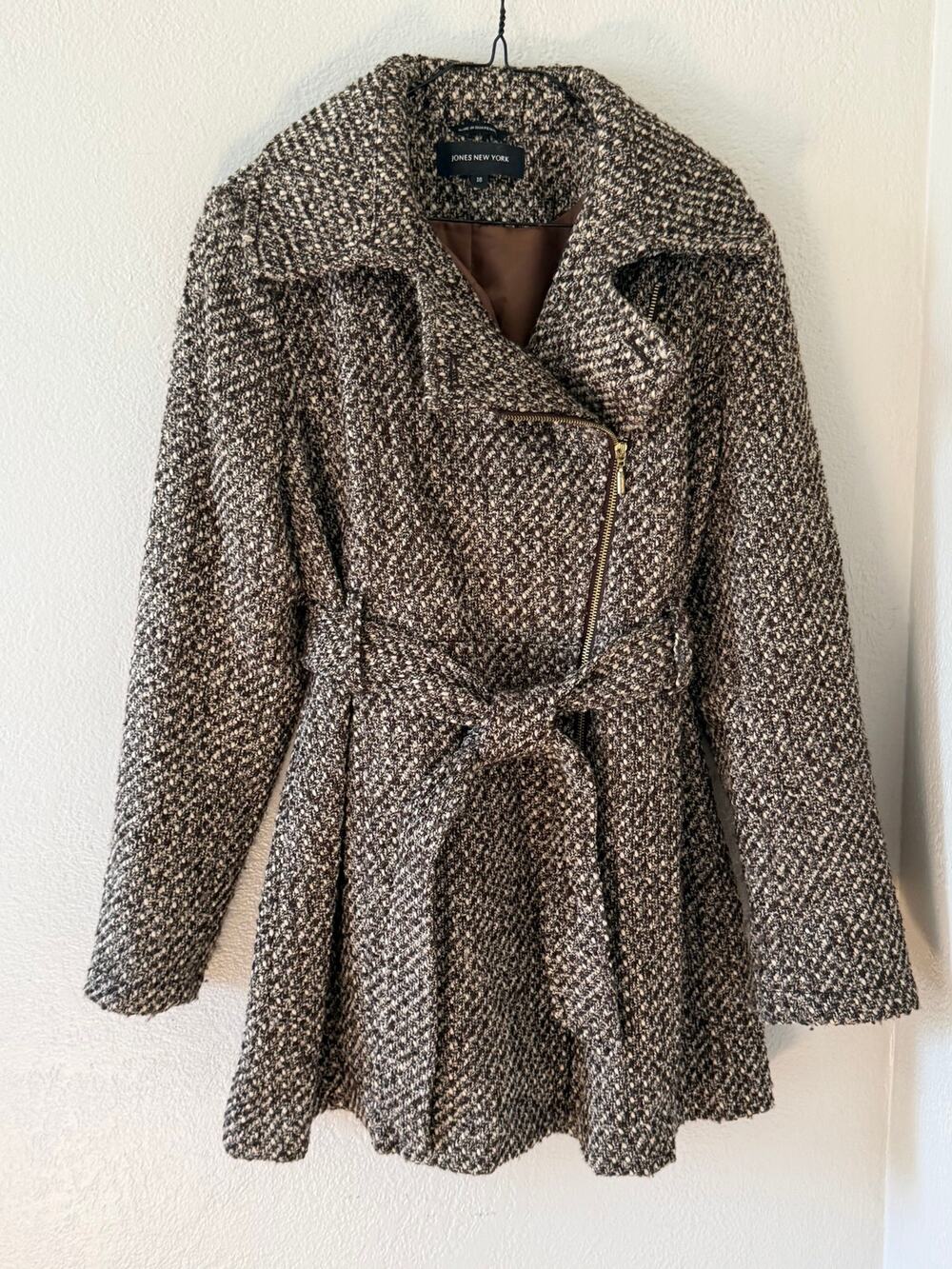 Women's Jones New York Brown Tan Fit Flare with belt Winter Jacket Coat Sz 16